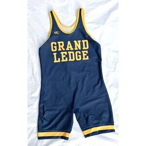 VINTAGE BRUTE WRESTLING SINGLET ADULT SMALL BLUE YELLOW GRAND LEDGE HIGH SCHOOL
